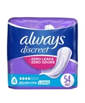 Always Discreet Incontinence Pads Women Moderate Absorbency Long Drop 54 Ct. Fixed Price $17.79.