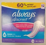 108 Count Always Discreet Incontinence Pads *4 Moderate* Reg. Length 3342-R9P1B. Fixed Price $29.99.