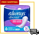 Always Discreet Incontinence Long Length Pads, Moderate Absorbent, Size 4-54 Ct. Fixed Price $21.99.