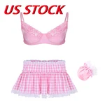Us Men Sissy Lingerie Bralette Lace Top Pleated Gingham A-line Mini Skirt. Fixed Price $15.49.