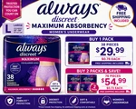 Always Discreet Maximum Women Underwear 38 Count Large Ships Free. Fixed Price $29.99.