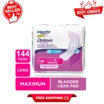 Equate Options Incontinence Pads, Women, Maximum Long, 144 Count, Leak Defense. Fixed Price $28.99.