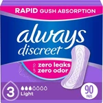Always Discreet Women's Incontinence Pads Light Absorbency Regular Length, 90 Ct. Fixed Price $29.88.