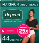 Depend Woman's Fresh Protection Underwear Size Small 44 Pairs Fits Waist 24-30". Fixed Price $24.99.