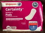 Walgreens Certainty Women Pads For Bladder Control 20 Ct Regular Length 4 Mod. Fixed Price $13.25.
